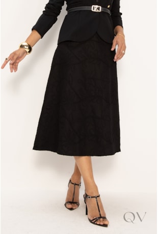 SAIA BORDADA CORDONÊ EM SARJA PRETO - LEKAZIS