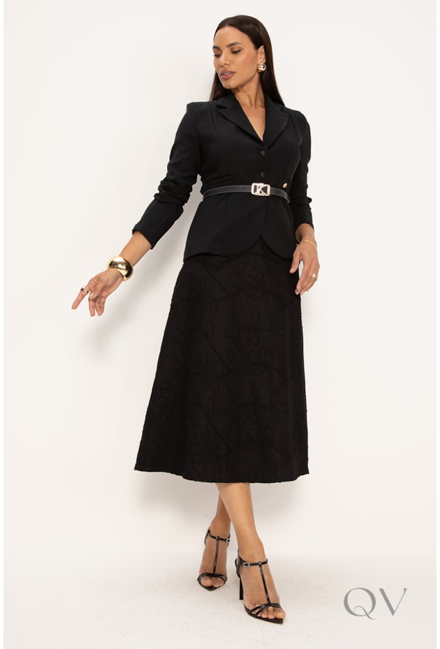 SAIA BORDADA CORDONÊ EM SARJA PRETO - LEKAZIS