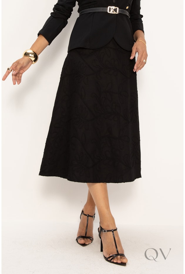 SAIA BORDADA CORDONÊ EM SARJA PRETO - LEKAZIS