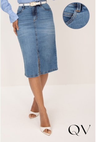 SAIA CLÁSSICA EM JEANS COM LAVAGEM CLARA AZUL - LEKAZIS