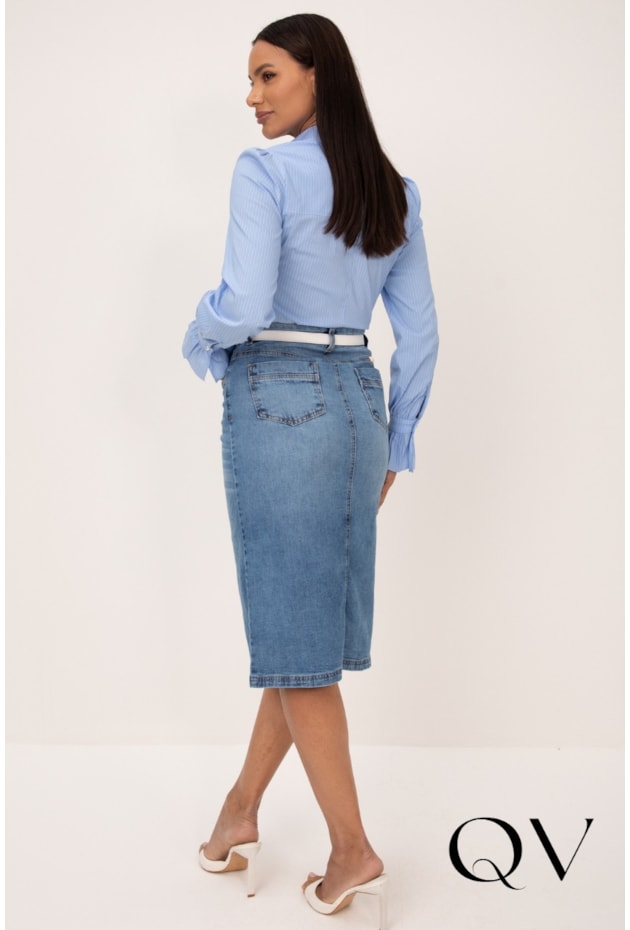 SAIA CLÁSSICA EM JEANS COM LAVAGEM CLARA AZUL - LEKAZIS