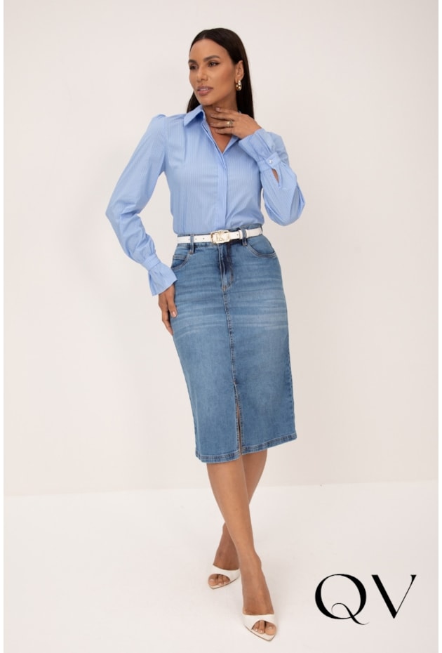 SAIA CLÁSSICA EM JEANS COM LAVAGEM CLARA AZUL - LEKAZIS