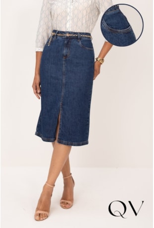 SAIA CLÁSSICA EM JEANS COM LAVAGEM ESCURA AZUL - LEKAZIS