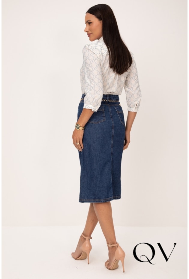 SAIA CLÁSSICA EM JEANS COM LAVAGEM ESCURA AZUL - LEKAZIS