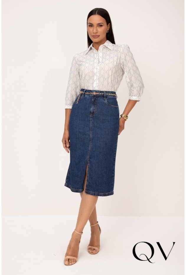 SAIA CLÁSSICA EM JEANS COM LAVAGEM ESCURA AZUL - LEKAZIS