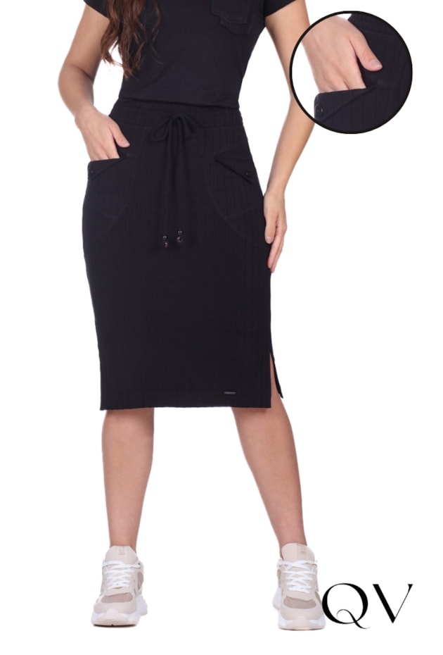 SAIA COM BOLSOS EM MALHA CANELADA PRETO - HAPUK