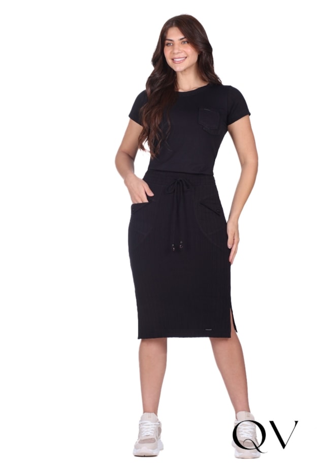 SAIA COM BOLSOS EM MALHA CANELADA PRETO - HAPUK