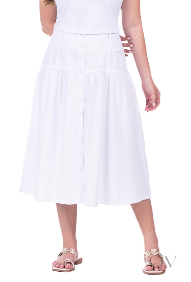 SAIA COM BOTÕES FRONTAIS GODÊ EM JEANS COLOR BRANCO - HAPUK