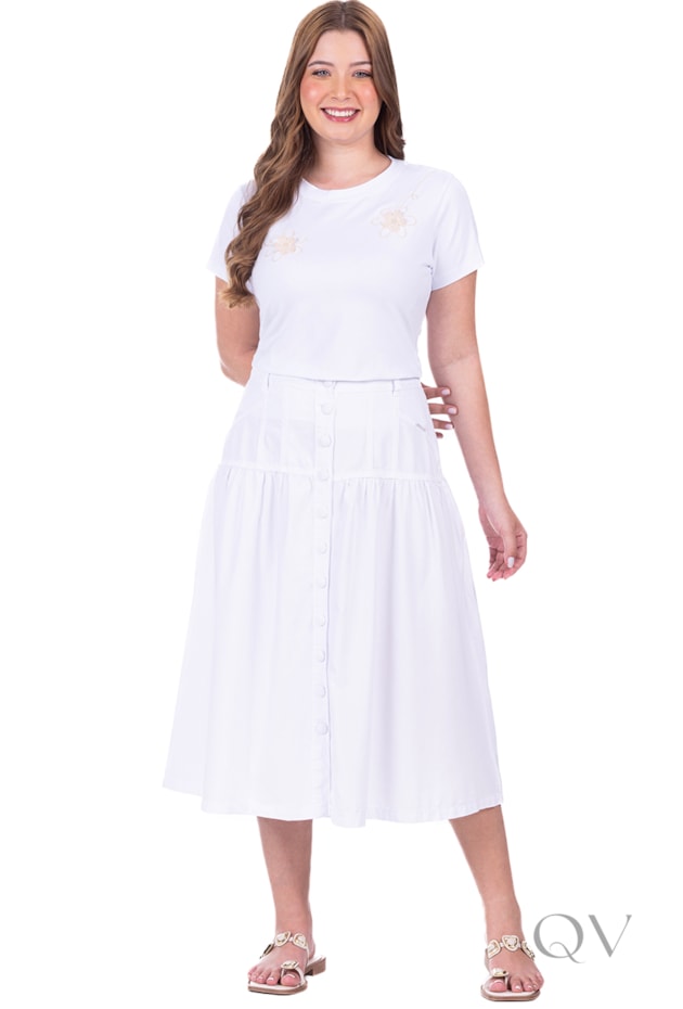 SAIA COM BOTÕES FRONTAIS GODÊ EM JEANS COLOR BRANCO - HAPUK