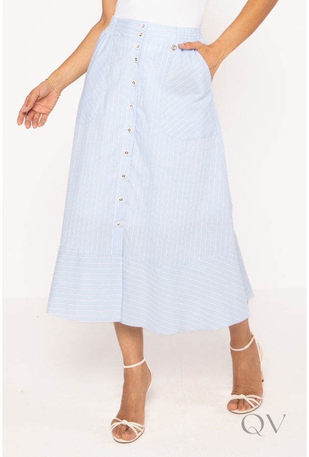 SAIA COM BOTÕES NA FRENTE EM ALGODÃO LISTRADA AZUL - LEKAZIS