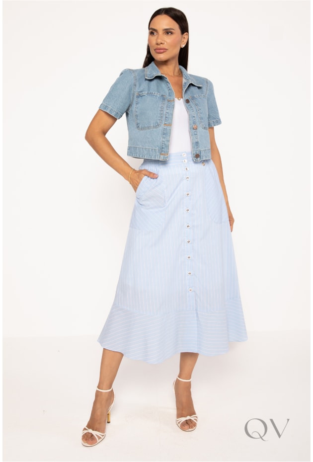 SAIA COM BOTÕES NA FRENTE EM ALGODÃO LISTRADA AZUL - LEKAZIS