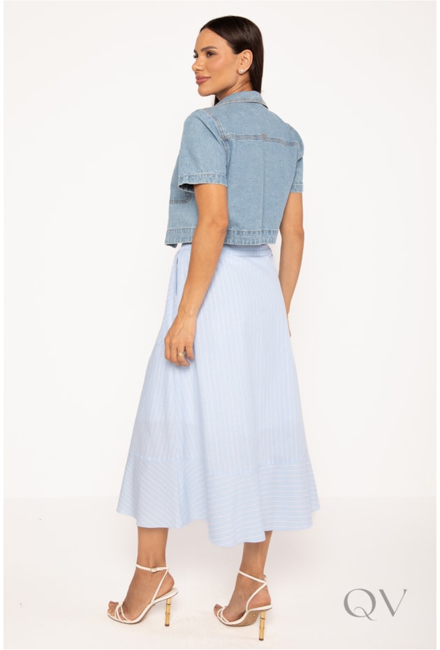 SAIA COM BOTÕES NA FRENTE EM LINHO LISTRADA AZUL - LEKAZIS