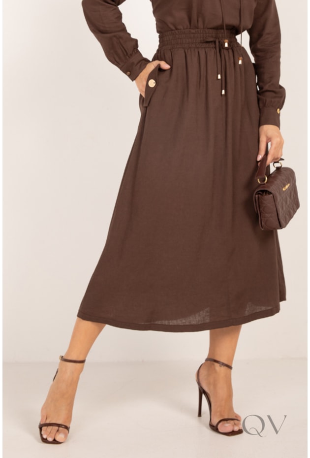 SAIA COM CÓS DE ELASTICO EM VISCOLINHO MARROM - LEKAZIS