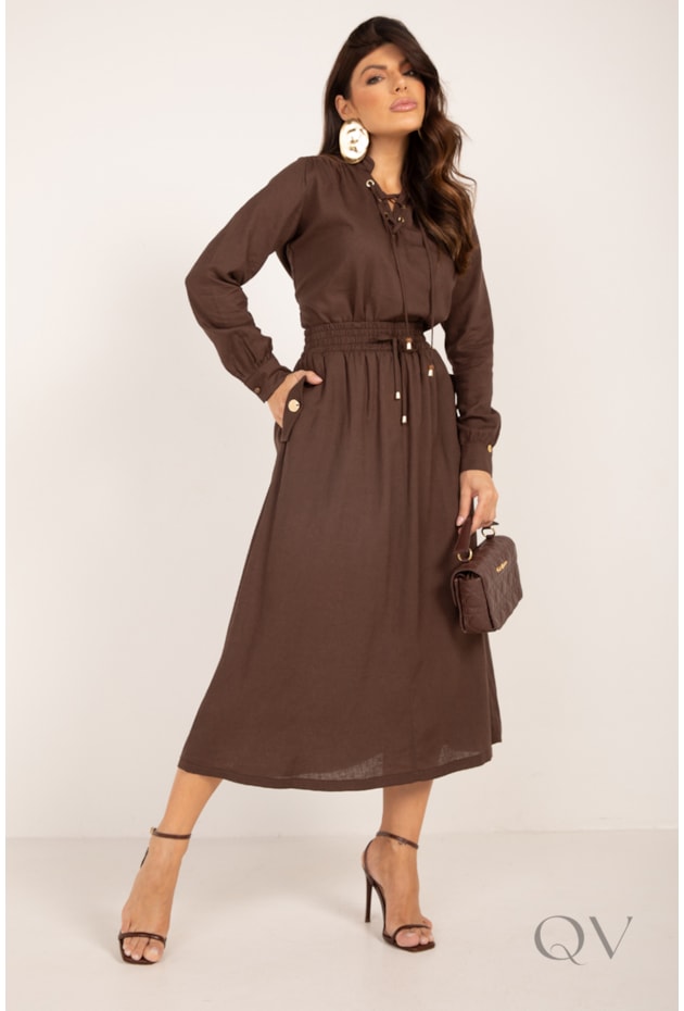 SAIA COM CÓS DE ELASTICO EM VISCOLINHO MARROM - LEKAZIS