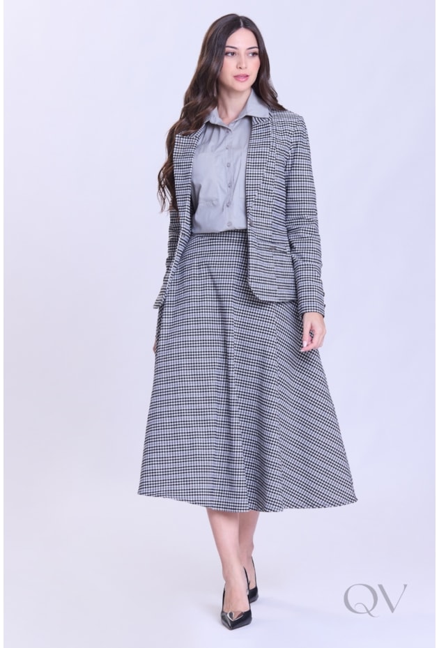SAIA COM ESTAMPA EM ALFAIATARIA TWEED PRETO - HAPUK