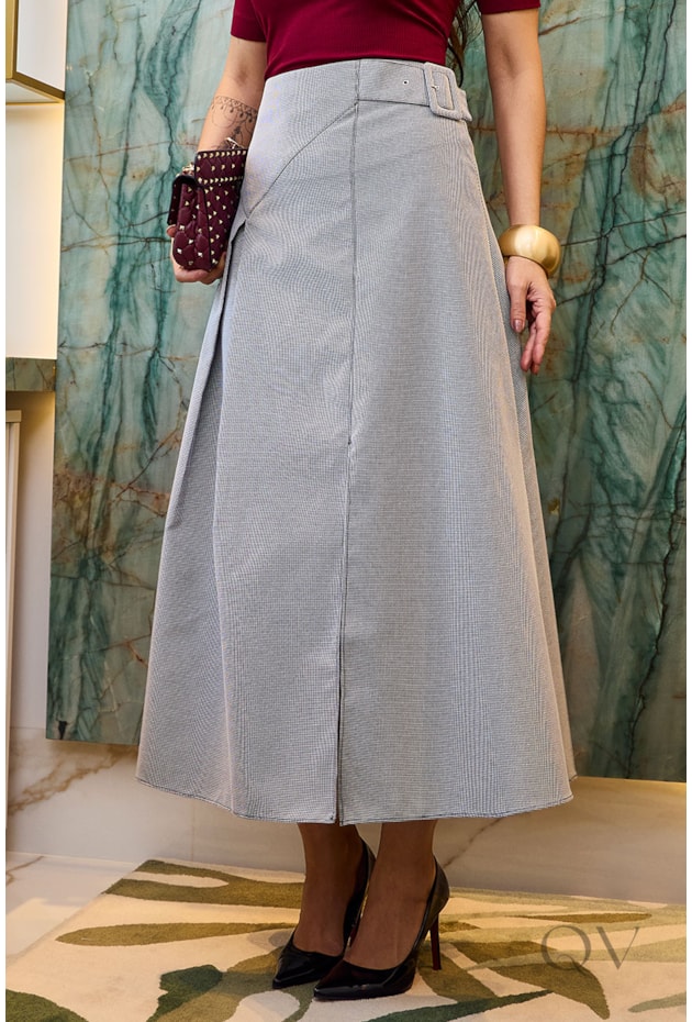 SAIA COM RECORTES EM ALFAIATARIA XADREZ P&B - LUZIA FAZZOLLI