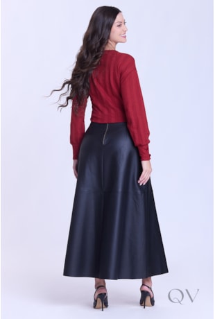 SAIA COM RECORTES EVASÊ EM TECIDO COM ASPECTO EM COURO PRETO - HAPUK