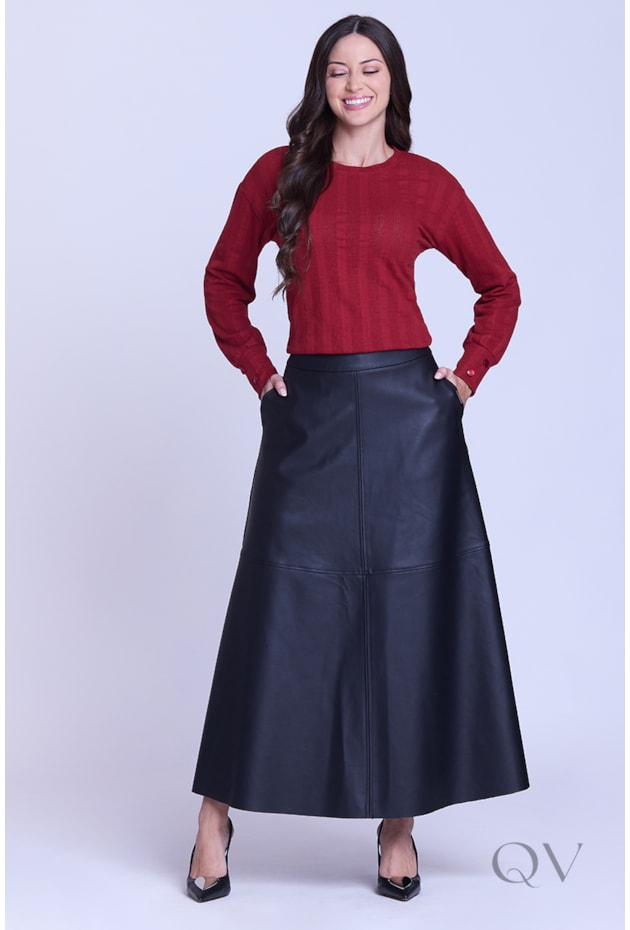 SAIA COM RECORTES EVASÊ EM TECIDO COM ASPECTO EM COURO PRETO - HAPUK