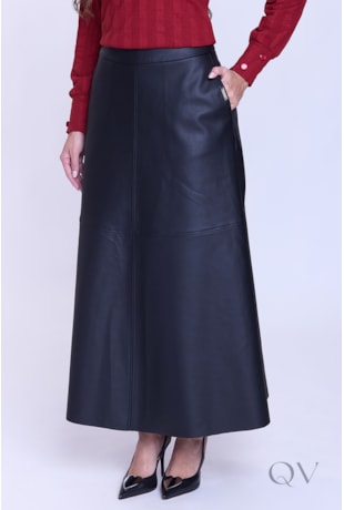 SAIA COM RECORTES EVASÊ EM TECIDO COM ASPECTO EM COURO PRETO - HAPUK