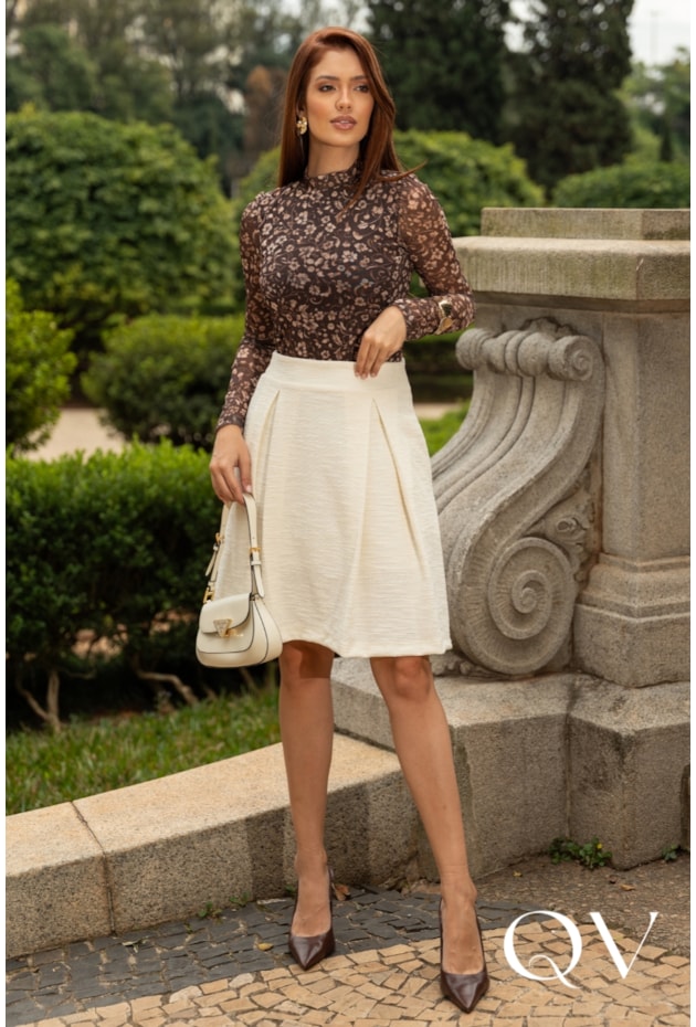 SAIA CURTA EM MALHA TWEED CREME - JANY PIM