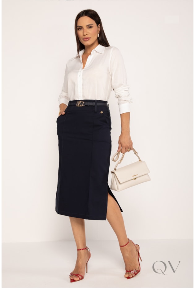 SAIA DE CÓS LARGO COM NERVURAS EM ALFAIATARIA AZUL MARINHO - LEKAZIS