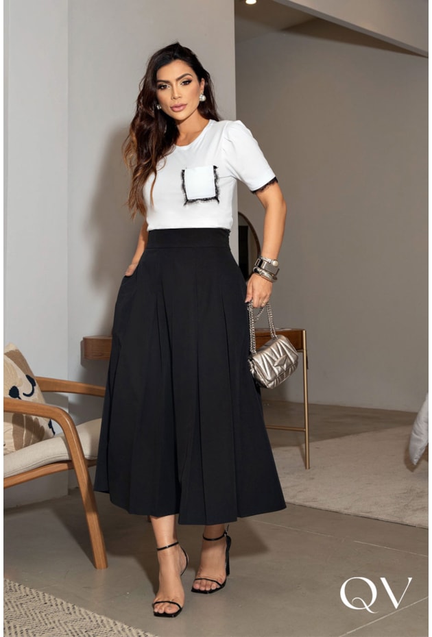 SAIA EM ALFAIATARIA MIDI GODÊ PRETO - LUZIA FAZZOLLI SAIA EM ALFAIATARIA MIDI GODÊ PRETO - LUZIA FAZZOLLI