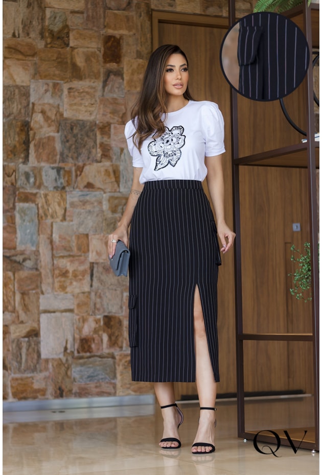 Saia Em Alfaiataria Risca De Giz Preto Luzia Fazzolli QVestido