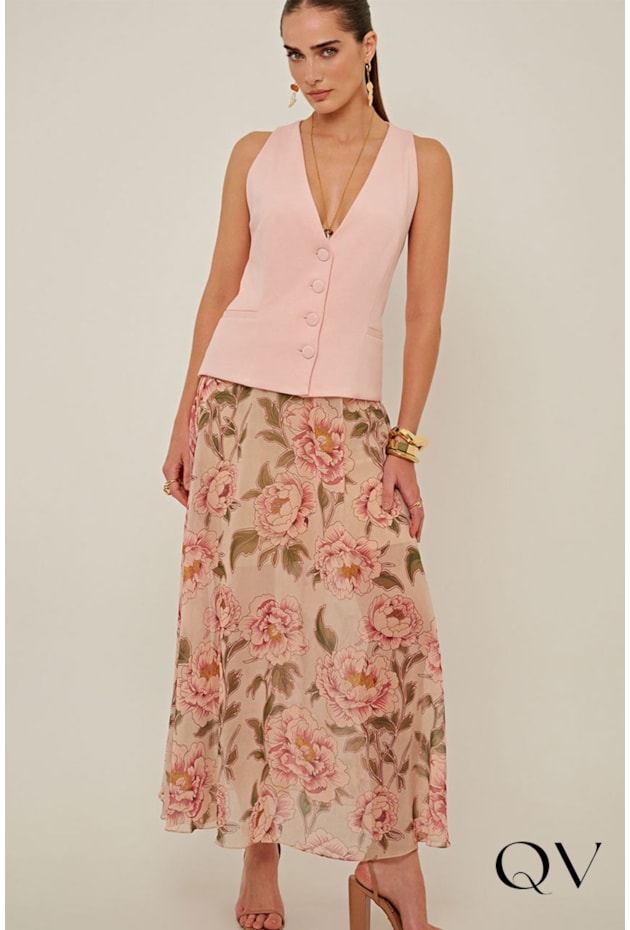 SAIA EM CHIFFON ESTAMPA VINTAGE ROSE - LINDA DE MORRER