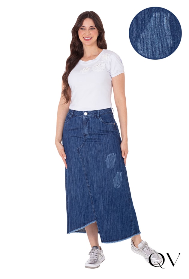 SAIA EM JEANS BARRA ASSIMÉTRICA AZUL ESCURO - HAPUK SAIA EM JEANS BARRA ASSIMÉTRICA AZUL ESCURO - HAPUK