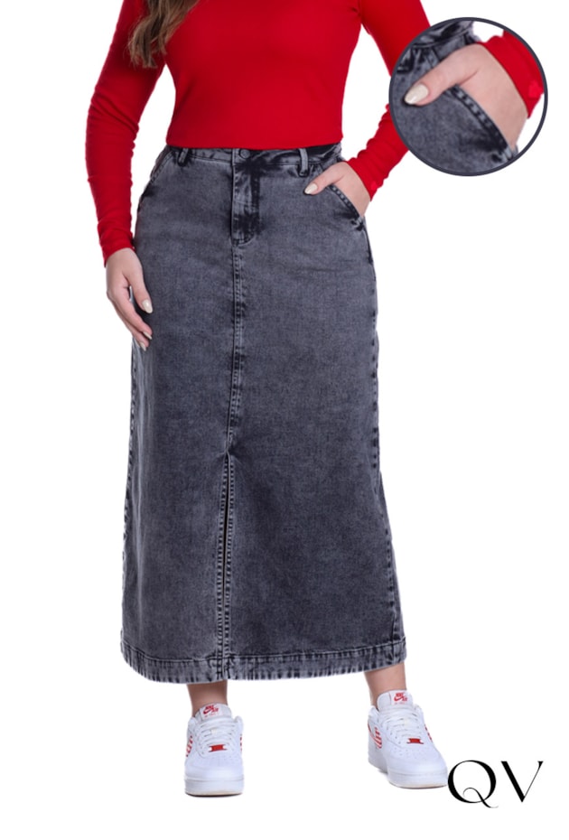 Saia Em Jeans Com Fenda Frontal Preto Hapuk QVestido Moda