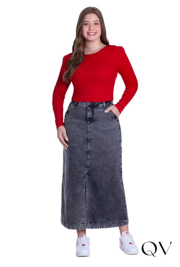 SAIA EM JEANS COLOR COM FENDA FRONTAL PRETO - HAPUK
