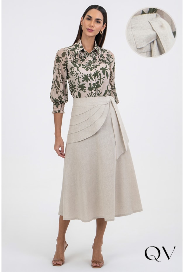 Saia Em Linho Com Pala e Amarração Cru Via Tolentino QVestido