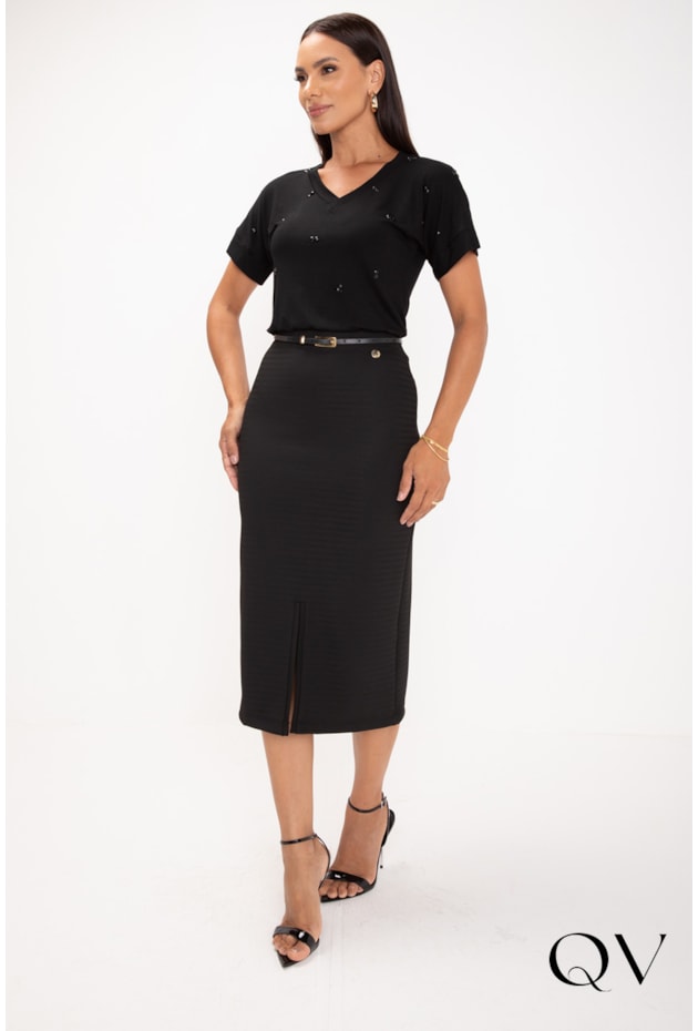 SAIA EM MALHA ALFAIATARIA FENDA PRETO - LEKAZIS SAIA EM MALHA ALFAIATARIA FENDA PRETO - LEKAZIS