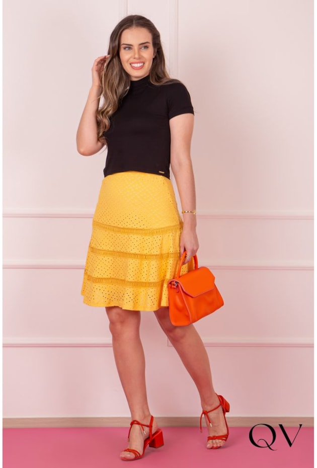 Saia Em Malha Laise Amarela Puro Sharmy Moda Evangélica Feminina