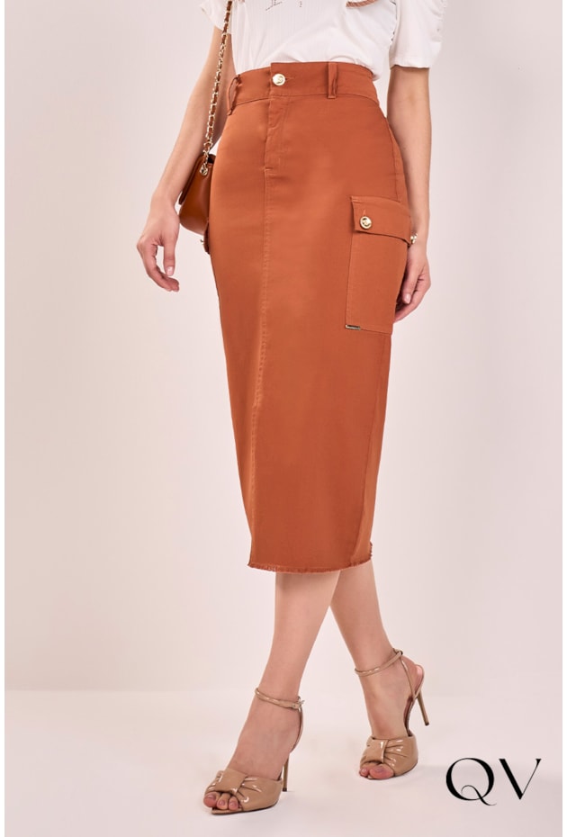 SAIA EM SARJA BOLSOS CARGO TELHA - FASCÍNIUS SAIA EM SARJA BOLSOS CARGO TELHA - FASCÍNIUS