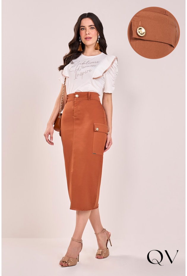 SAIA EM SARJA BOLSOS CARGO TELHA - FASCÍNIUS SAIA EM SARJA BOLSOS CARGO TELHA - FASCÍNIUS