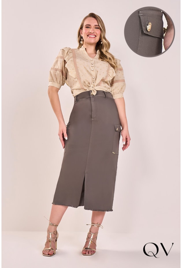 SAIA EM SARJA BOLSOS CARGO VERDE MILITAR - FASCÍNIUS SAIA EM SARJA BOLSOS CARGO VERDE MILITAR - FASCÍNIUS