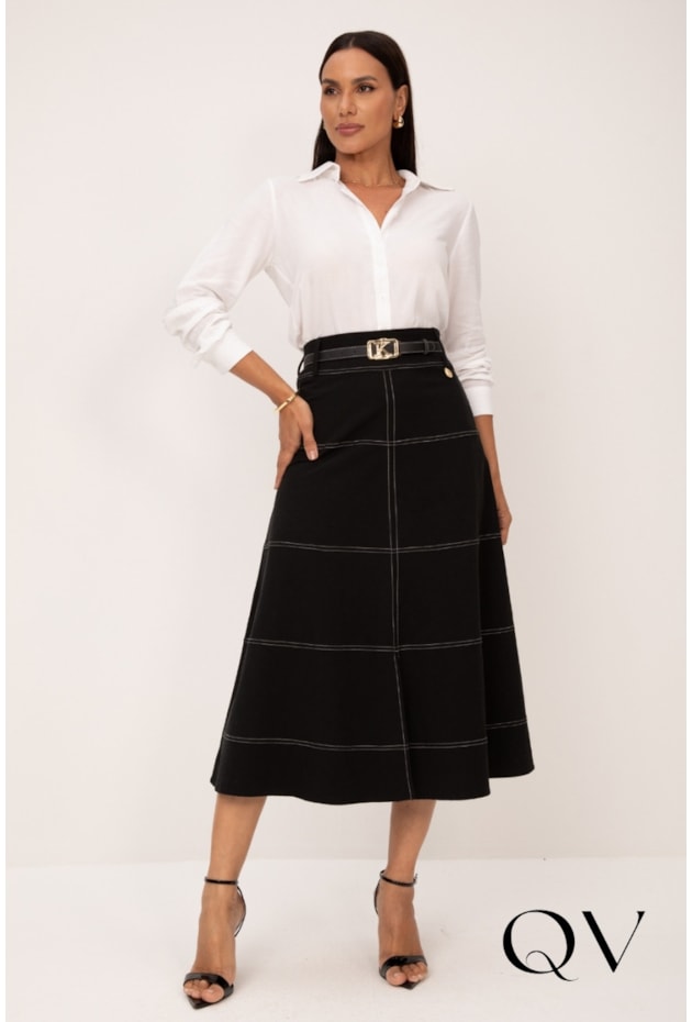 SAIA EM SARJA PESPONTADA PRETO - LEKAZIS