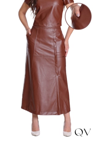 Produto SAIA EM TECIDO PLANO COM ASPECTO EM COURO MARROM - HAPUK