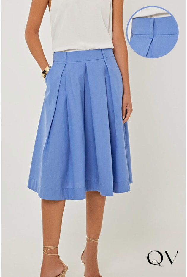 SAIA EM TRICOLINE PREGAS AZUL - LINDA DE MORRER