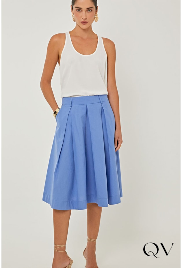 SAIA EM TRICOLINE PREGAS AZUL - LINDA DE MORRER