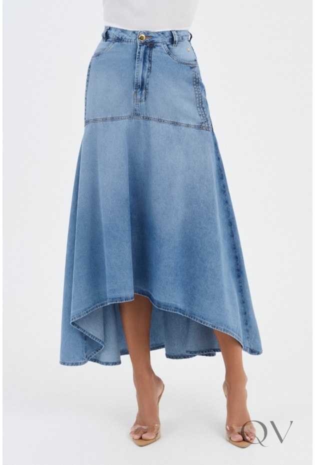 SAIA EVASÊ COM BARRADO MULLET EM JEANS CLARO - VIA TOLENTINO