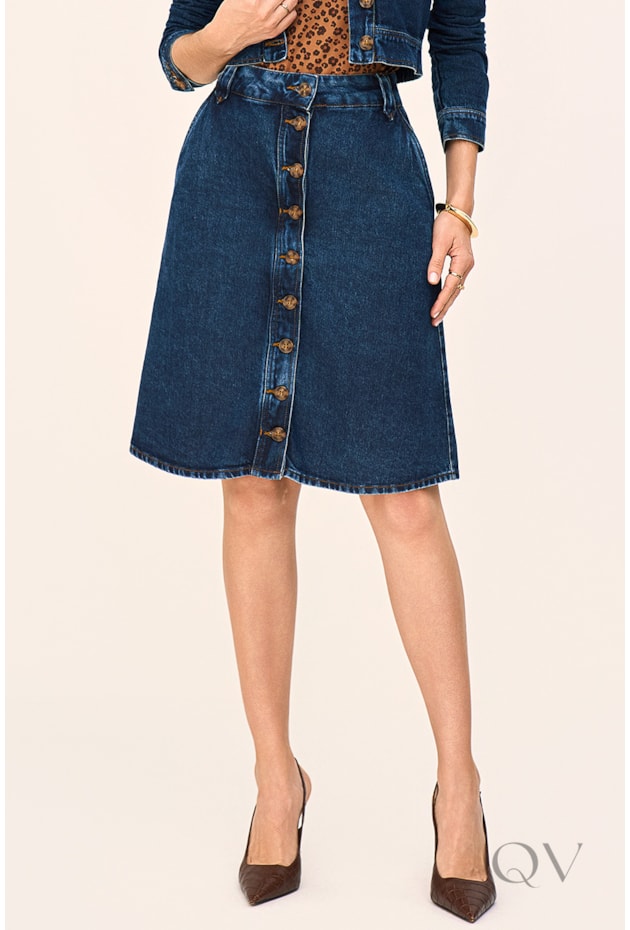 SAIA EVASÊ COM BOTÕES EM JEANS ESCURO - LAURA ROSA