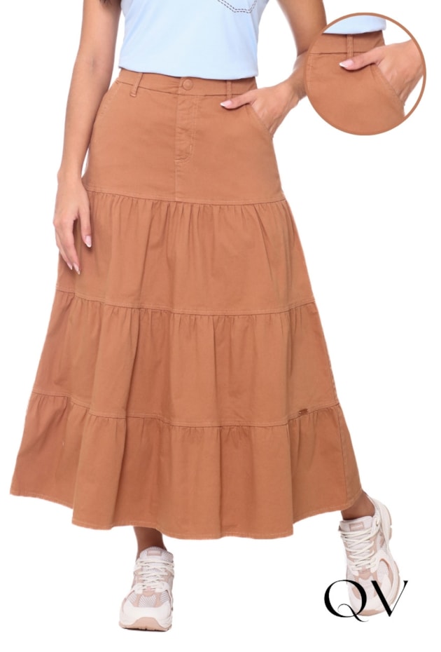 SAIA EVASÊ COM RECORTES EM JEANS CARAMELO - HAPUK SAIA EVASÊ COM RECORTES EM JEANS CARAMELO - HAPUK