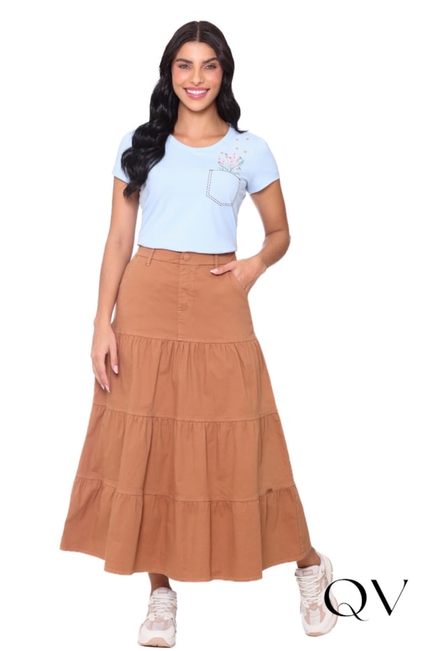 SAIA EVASÊ COM RECORTES EM JEANS CARAMELO - HAPUK SAIA EVASÊ COM RECORTES EM JEANS CARAMELO - HAPUK