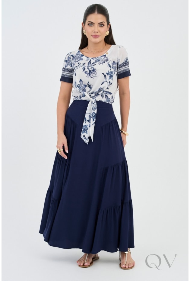 SAIA EVASÊ COM RECORTES EM VISCOSE AZUL - VIA TOLENTINO