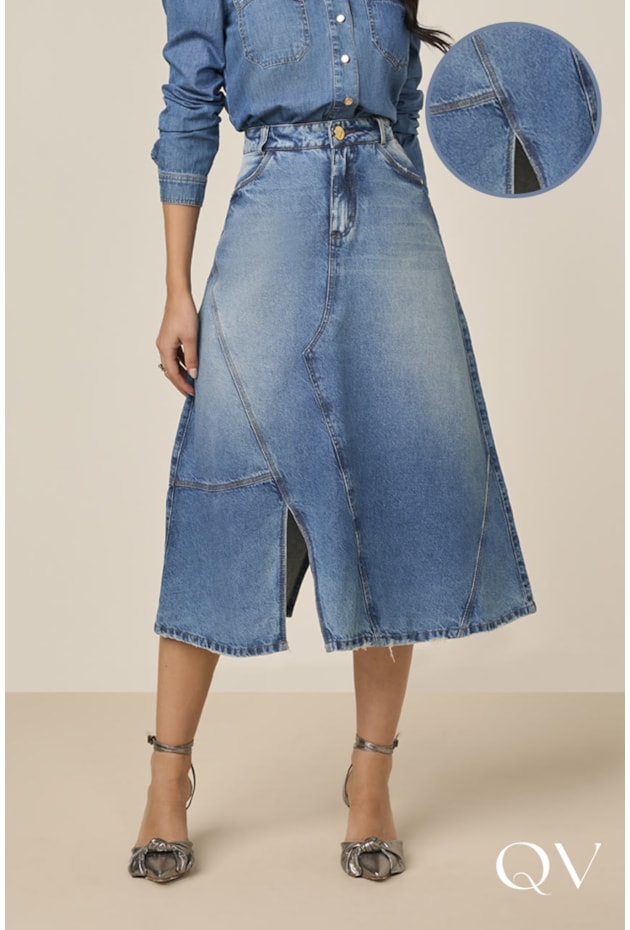 SAIA EVASÊ EM JEANS COM RECORTES AZUL - TITANIUM JEANS SAIA EVASÊ EM JEANS COM RECORTES AZUL - TITANIUM JEANS