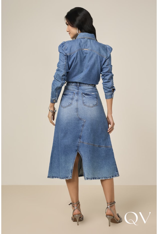 SAIA EVASÊ EM JEANS COM RECORTES AZUL - TITANIUM JEANS SAIA EVASÊ EM JEANS COM RECORTES AZUL - TITANIUM JEANS