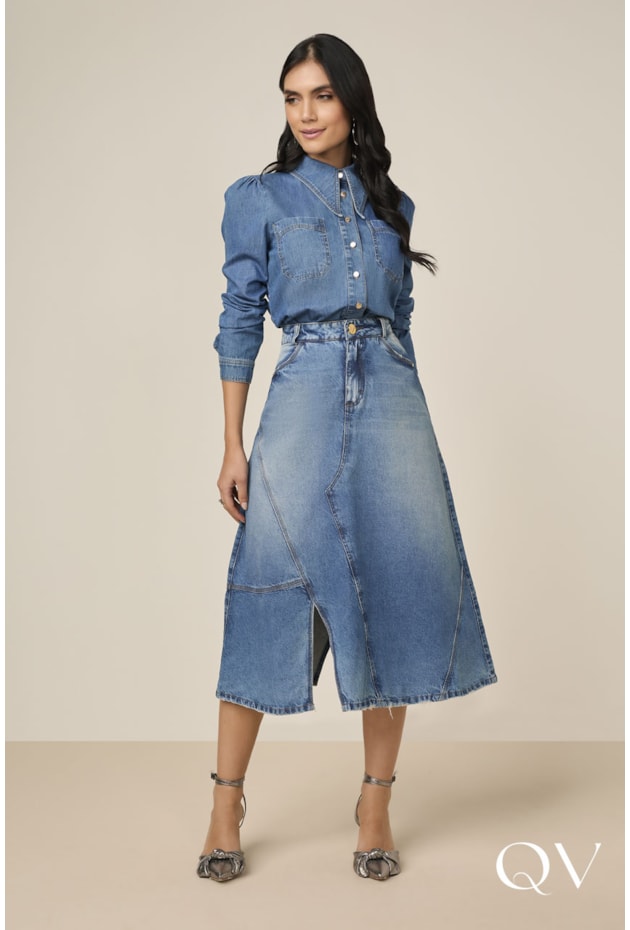SAIA EVASÊ EM JEANS COM RECORTES AZUL - TITANIUM JEANS SAIA EVASÊ EM JEANS COM RECORTES AZUL - TITANIUM JEANS