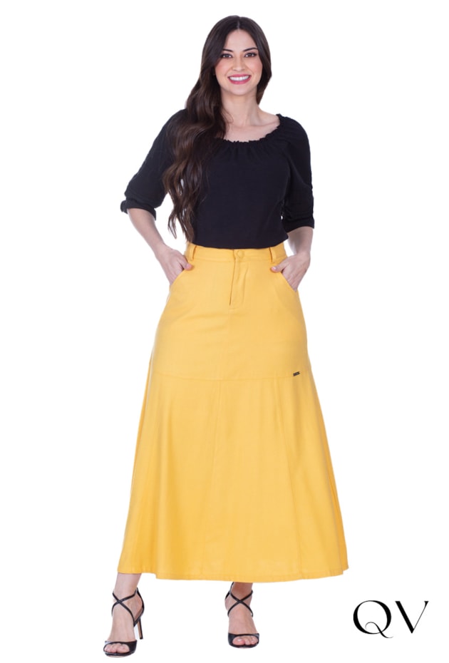 Saia Evasê Em Linho Com Bolsos Amarelo Hapuk QVestido - Moda Executiva ...